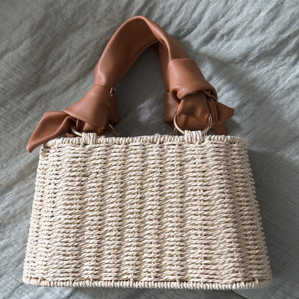 Beige Woven Tote with Tan Knotted Handles